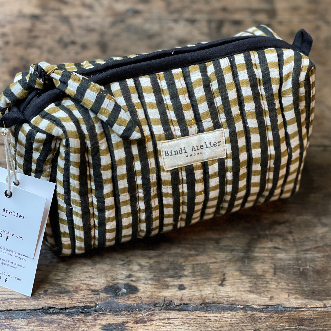 Toiletry Bag Black and Olive check - Small