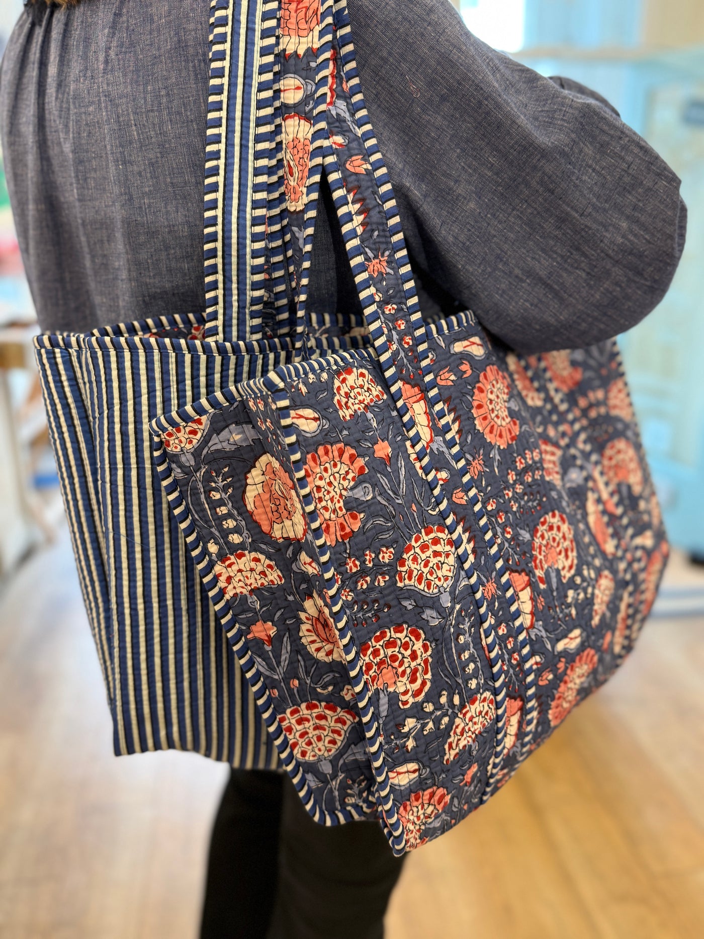 Reversable Pink Blue Chrysanthemum Small Cotton Tote