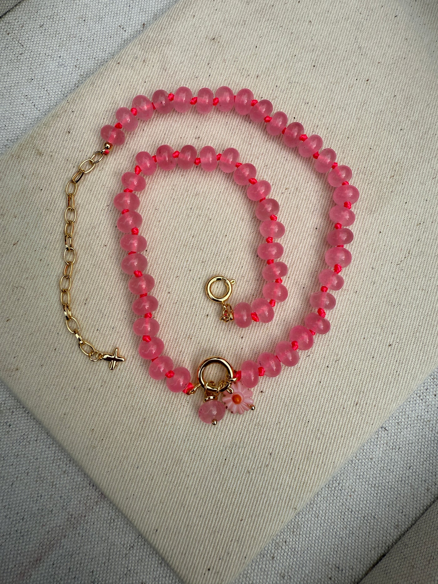 XUXA Neon Pink Jade Stone Beaded Charm Necklace