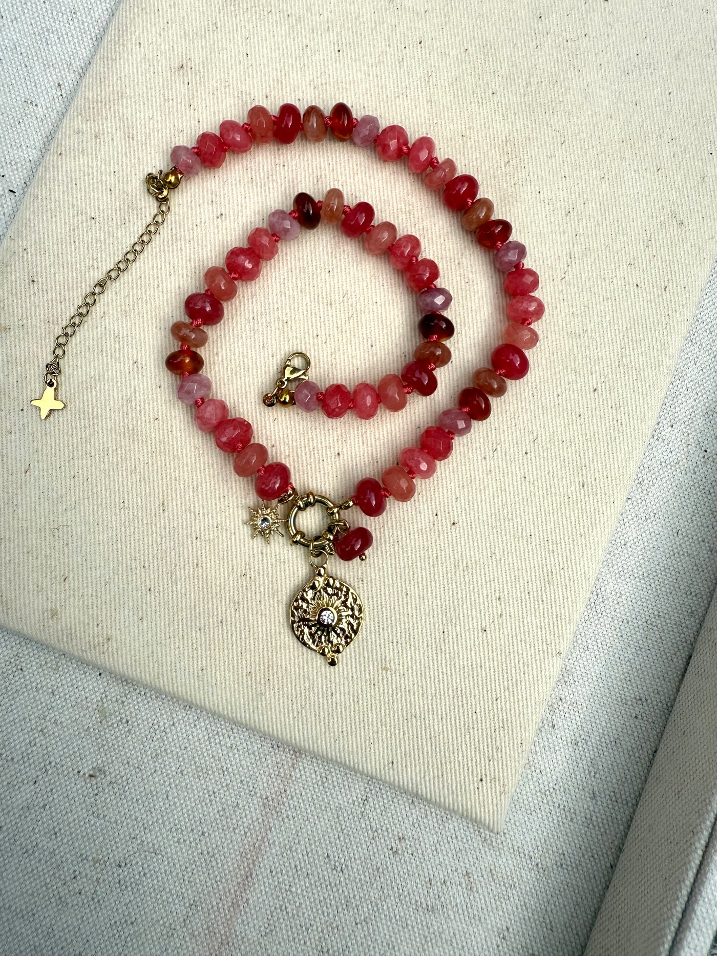 Red & Coral Jade Stone beaded charm necklace