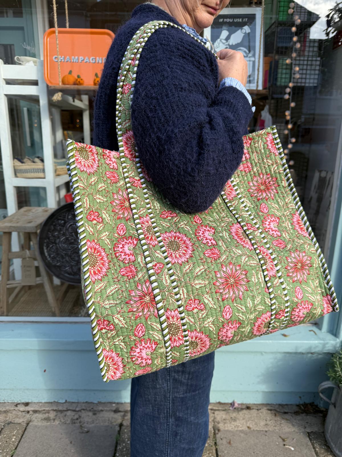 Green & Pink Chrysanthemum  Reversible Cotton Bag