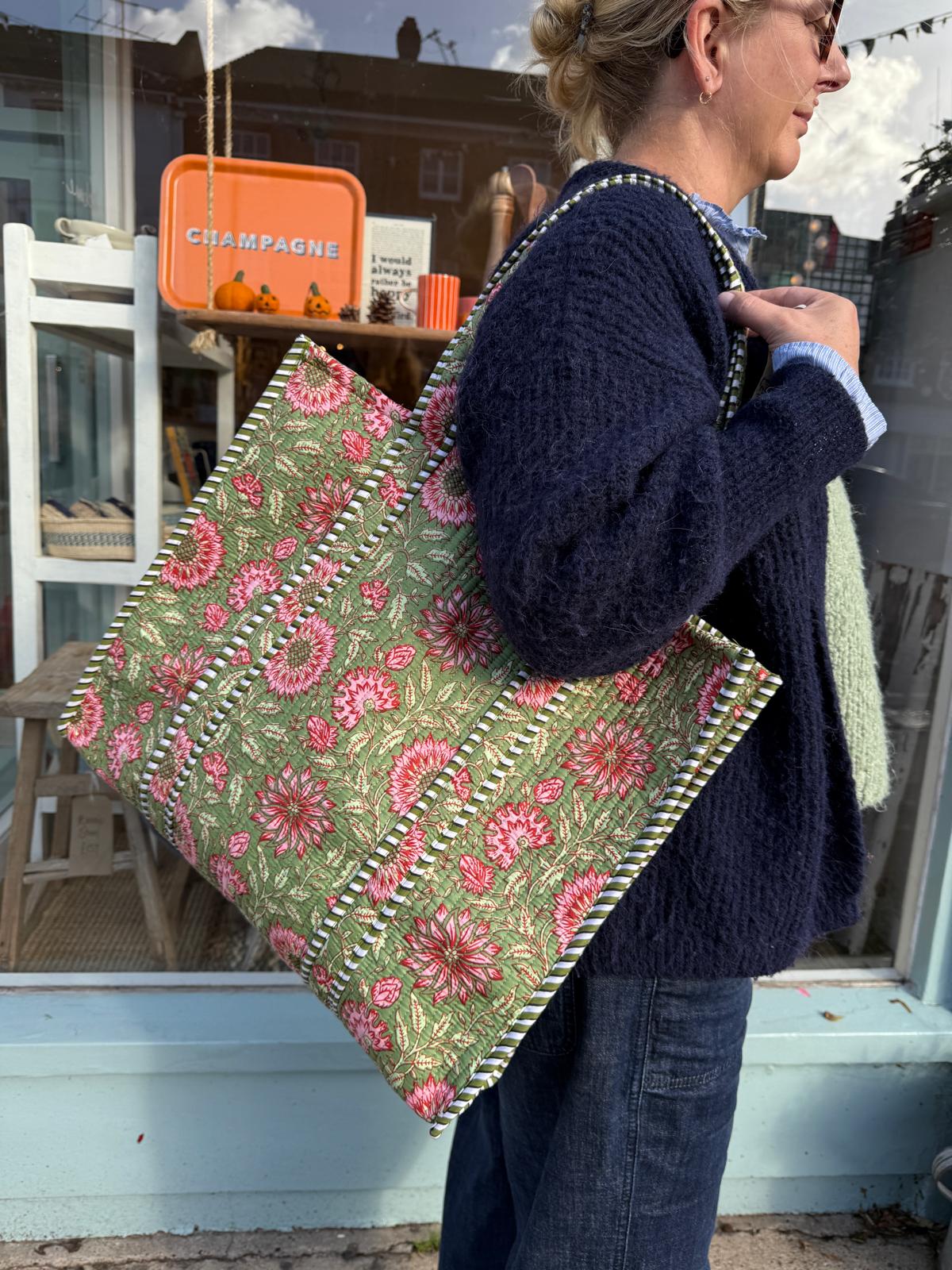 Green & Pink Chrysanthemum  Reversible Cotton Bag