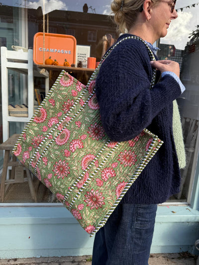 Green & Pink Chrysanthemum  Reversible Cotton Bag