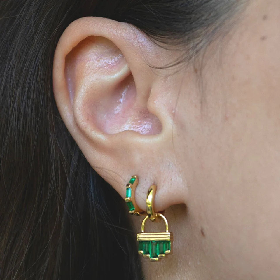 Scream Pretty Gold Baguette Huggie Earrings with Green Stones