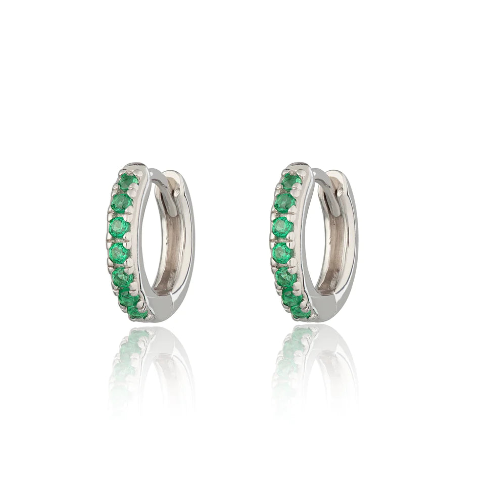 Silver Huggie Green Stone Earrings