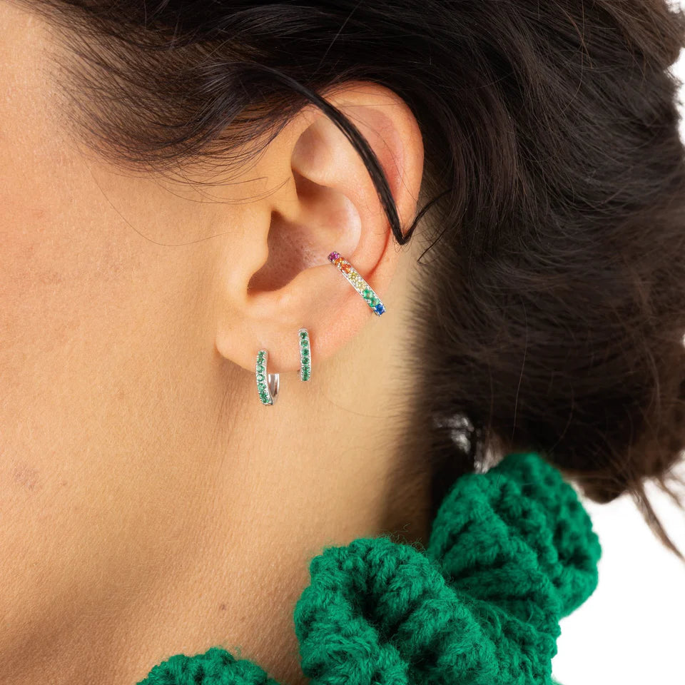 Silver Huggie Green Stone Earrings